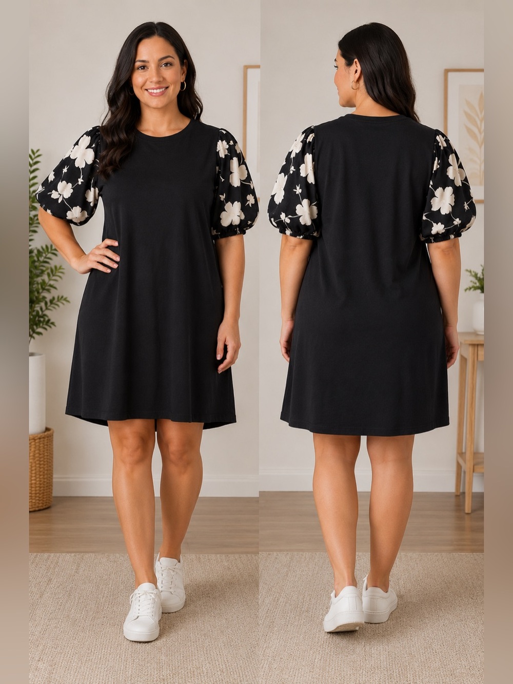 Chicos Black Shift T-Shirt Dress with Floral Puff Sleeves Size 3 (XL)